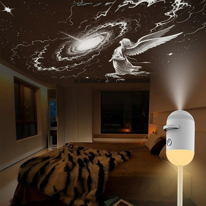 White USB LED ambient projector light with adjustable gooseneck displays celestial art on the ceiling for bedroom decor.