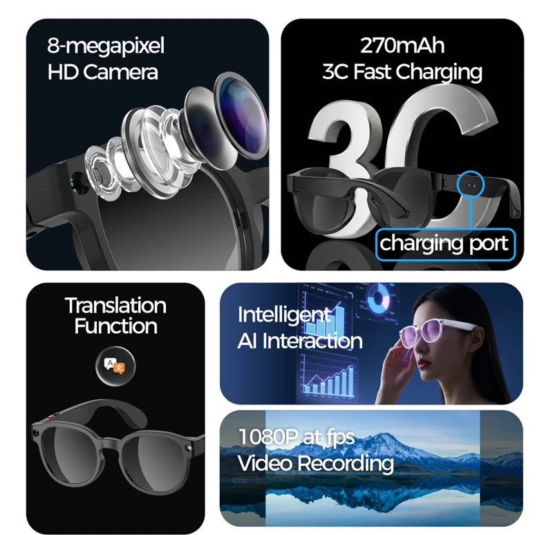 Black, lightweight smart wearables with 8MP camera and translation features, worn for hands-free video recording.