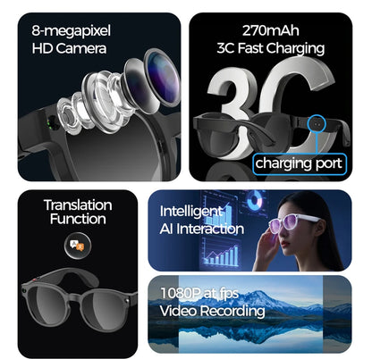 Black, lightweight smart wearables with 8MP camera and translation features, worn for hands-free video recording.