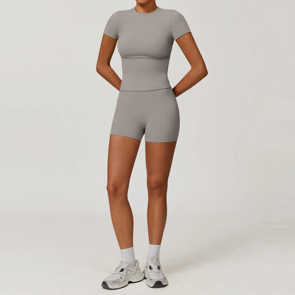 Women Yoga Set 2PCS Workout Set Sportswear Gym Clothing Fitness Long Sleeve High Waist Leggings Cycling Shorts WORKOUT REVOLUTION