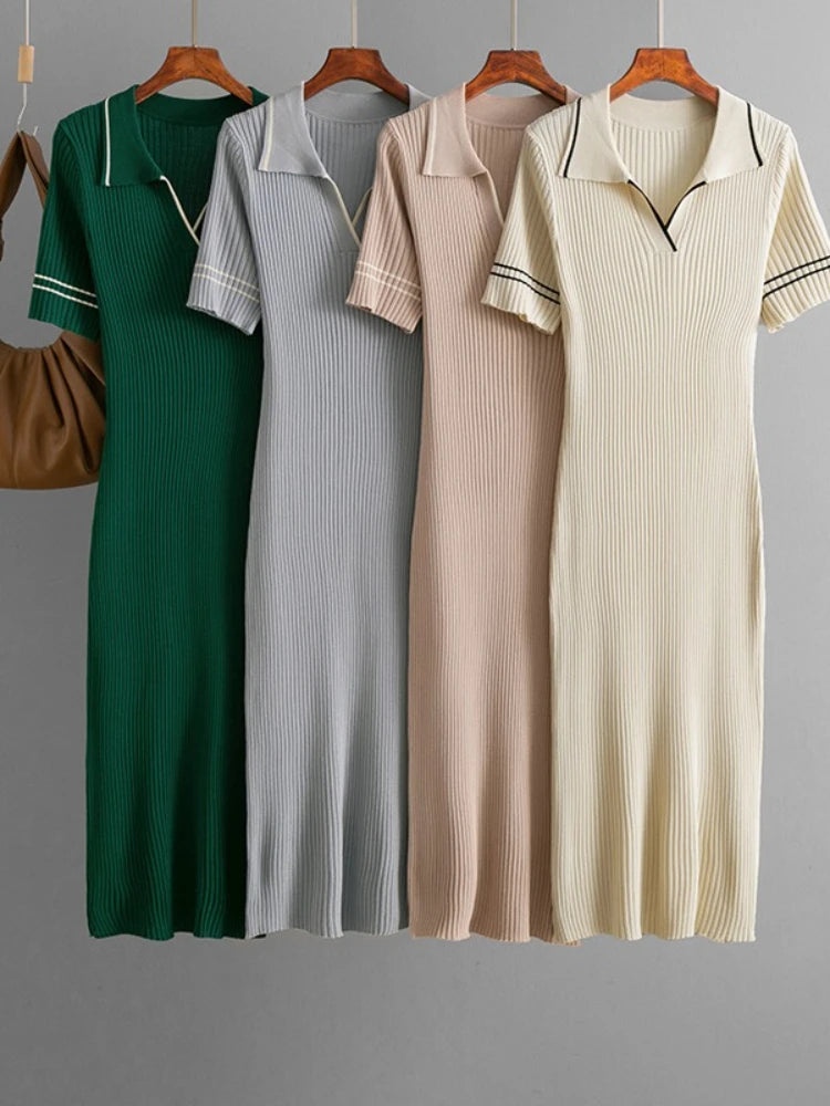 Polo-Neck Dress Knee-Length Office to Casual Wear Breathable