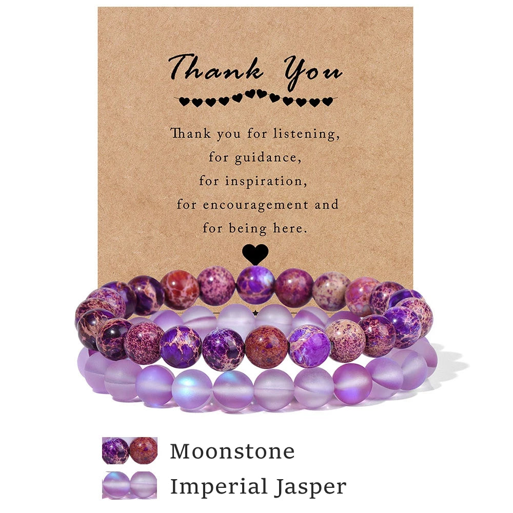 Beachwear Style Bracelet Set for Couples with Natural Amethyst Cat Eye Beads and Gift Card