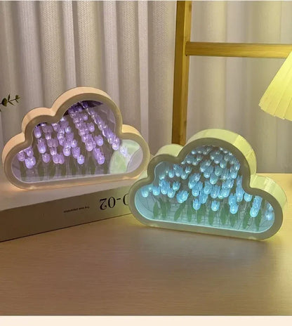 Cloud-shaped LED home decor with mirror panels and purple or blue tulip flowers for desk lighting.