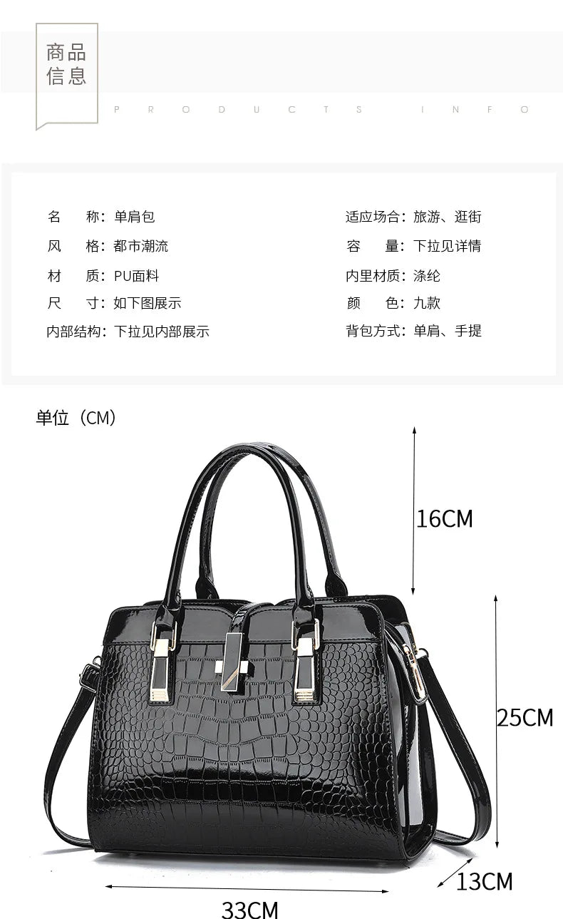 Black crocodile-pattern PU leather handbag with top handles, metal clasp, and size dimensions labeled.