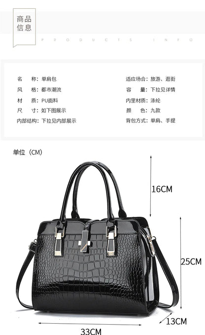 Black crocodile-pattern PU leather handbag with top handles, metal clasp, and size dimensions labeled.