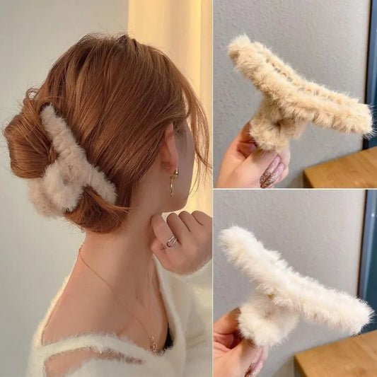 Faux Fur Hair Claw for Women Elegant Acrylic Crab Barrette Hairpin Girl-Hair Accessories Furry Headwear Hair Claw Clip