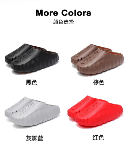 Black, brown, grey, and red platform sandals with textured slip-on design for daily comfort.