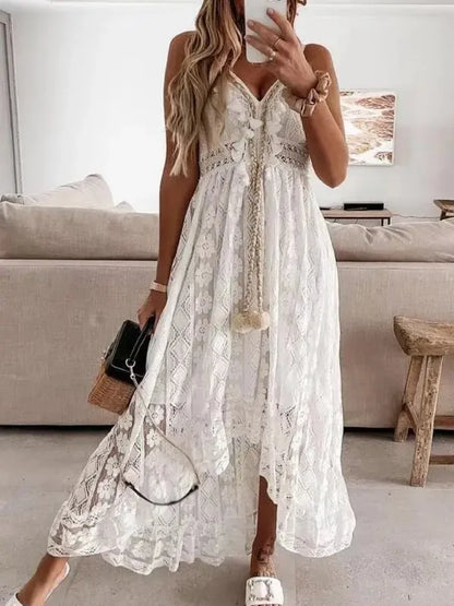 Women’s Ankle Length Lace Polyester Sleeveless Dress V Neck Beach Vacation