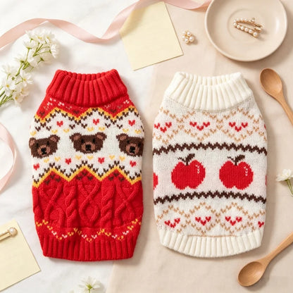 Retro-print dog sweater with optional matching hat set