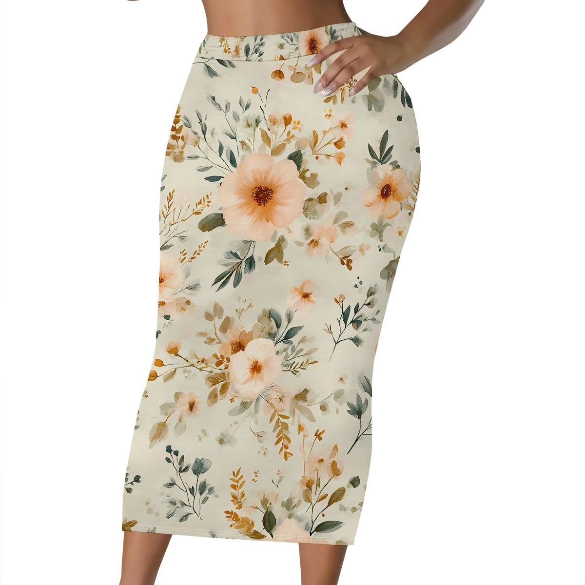 Women's floral print midi skirt with an elastic waist