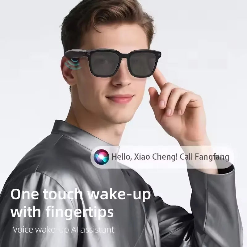 Black lightweight smart wearable sunglasses with a built-in camera, used for voice-activated translation.