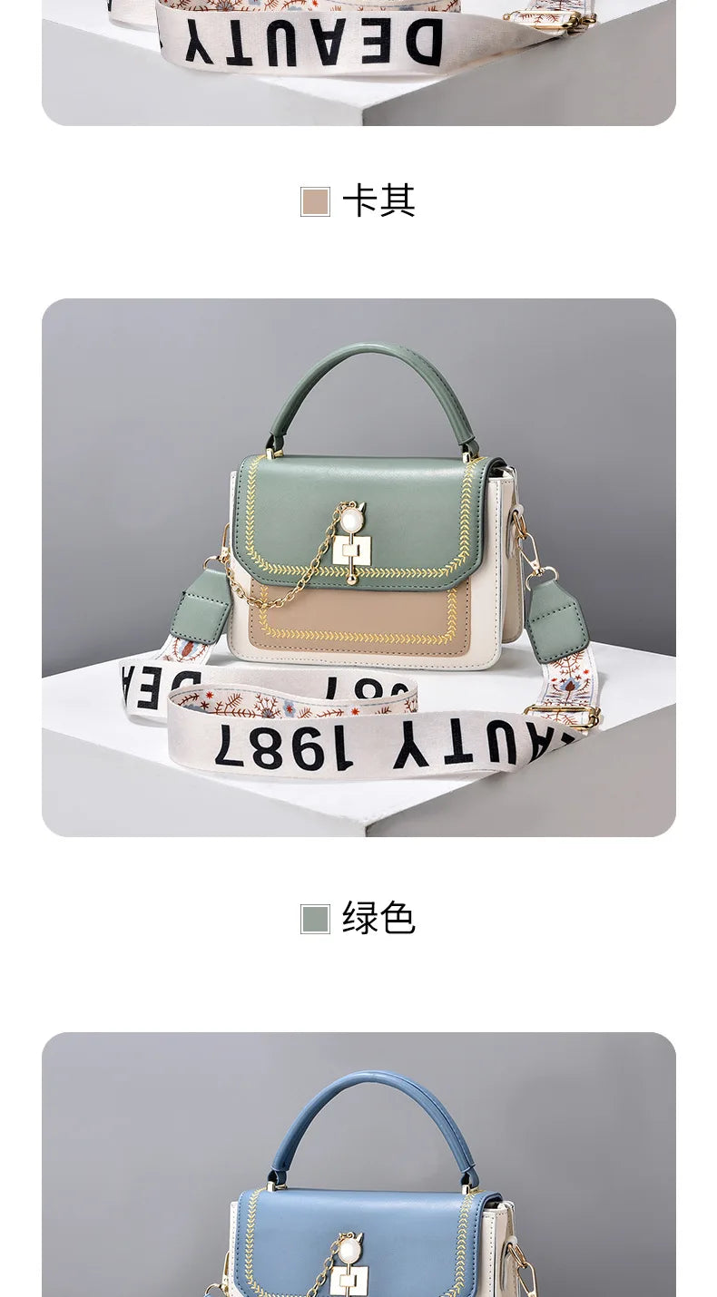 Green, khaki, and white leather shoulder bag with a top handle, lock detail, and wide patterned strap.
