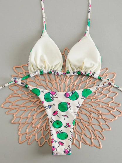 Women's Triangle Lace-Up Bikini Set with Adjustable Straps and Thong Bottom