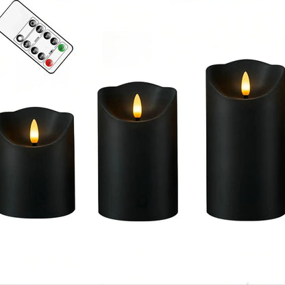 Black 3D Wick Flameless LED Pillar Candles with Remote and Timer