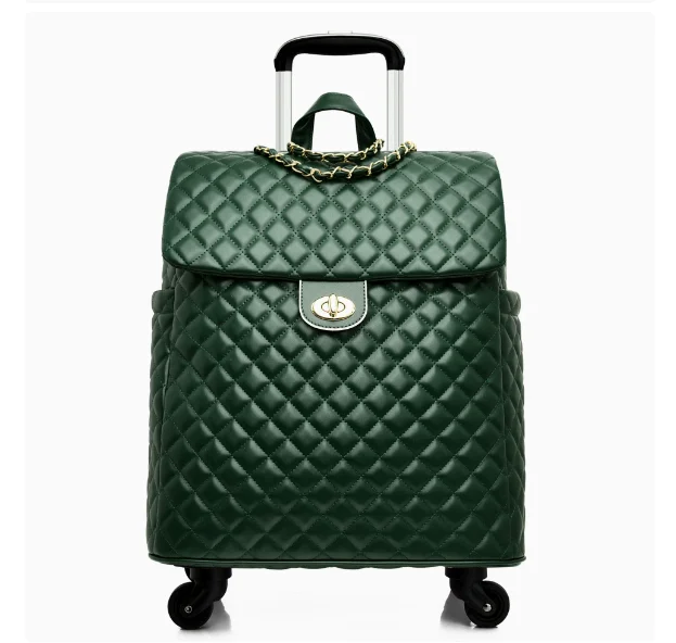 Dark green quilted leather rolling travel bag with a gold turn-lock, chain accent, and retractable handle.