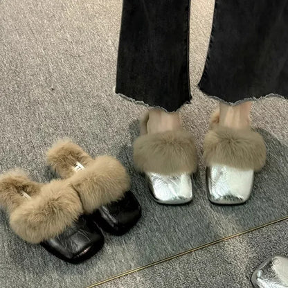 Women's Autumn/Winter Outdoor Wear New Style Flat Bottom Fur Slippers One Foot Drag No Heel Mule Fur Slippers Adult Simple