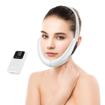 White LED facial lifting device with remote control for hydrating skin care routine.