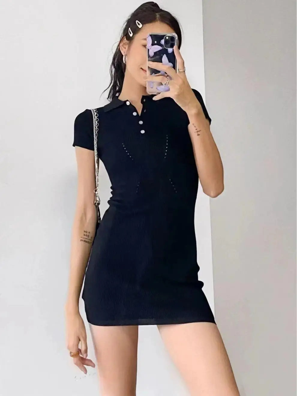 Breathable Polo Neck Knit Dress with Hollow Out Panels for Beachwear