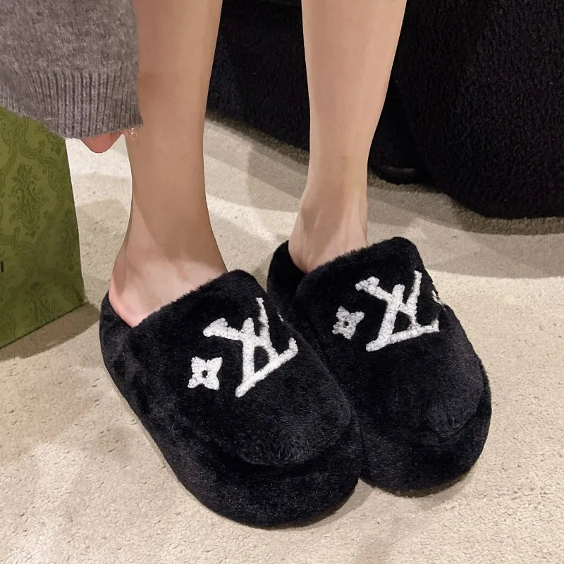 Warm Slippers for Women Indoor Non Slip Plush Traction Rubber Sole With Wedge Heel