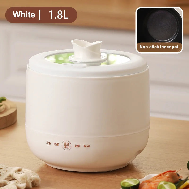White 1.8L multi-function electric cooker with glass lid, flower knob, and non-stick inner pot.