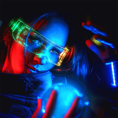 Gifts and novelty LED festival glasses featuring glowing circuitry patterns and light-up illumination