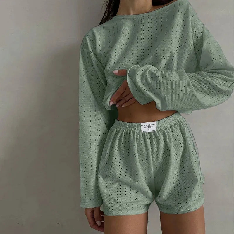 Soft Two-Piece Pajama Set with Long Sleeve Top and Shorts for Women