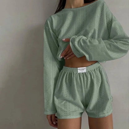 Soft Two-Piece Pajama Set with Long Sleeve Top and Shorts for Women