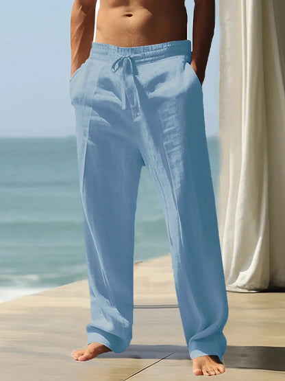 Men's Linen Pants with Wide Leg and Dobby Weave Breathable Elastic Drawstring Waist
