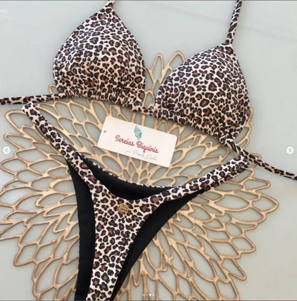 Women's Triangle Lace-Up Bikini Set with Adjustable Straps and Thong Bottom