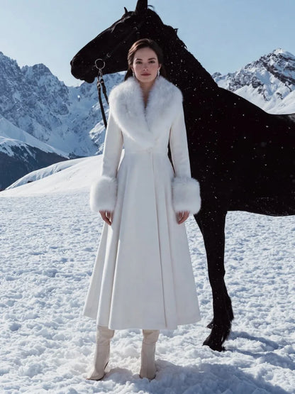 Women's wool-blend maxi coat with faux fur collar and cuffs