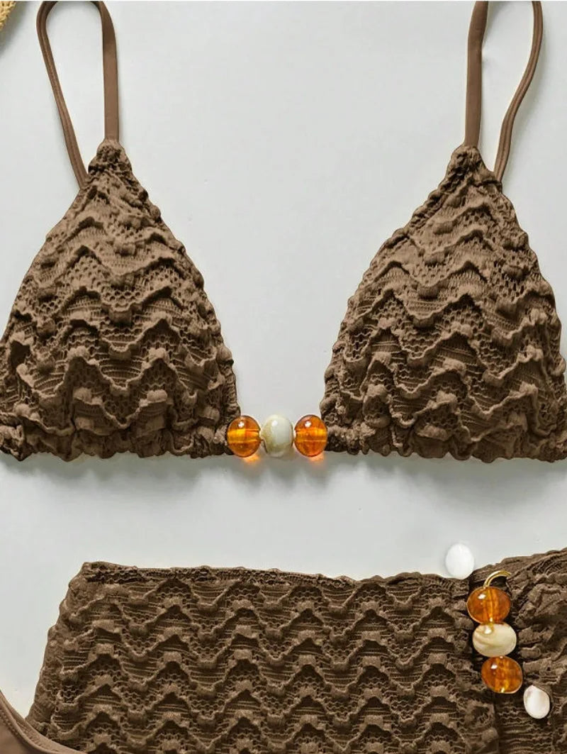 Women's Halter Push-Up Three-Piece Bikini Set with Skirt Cover-Up