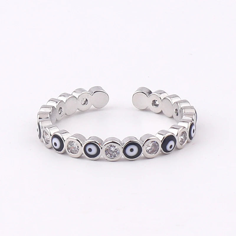 Adjustable Ring with Blue Evil Eye Open Copper Gold Tone Zircon Accent