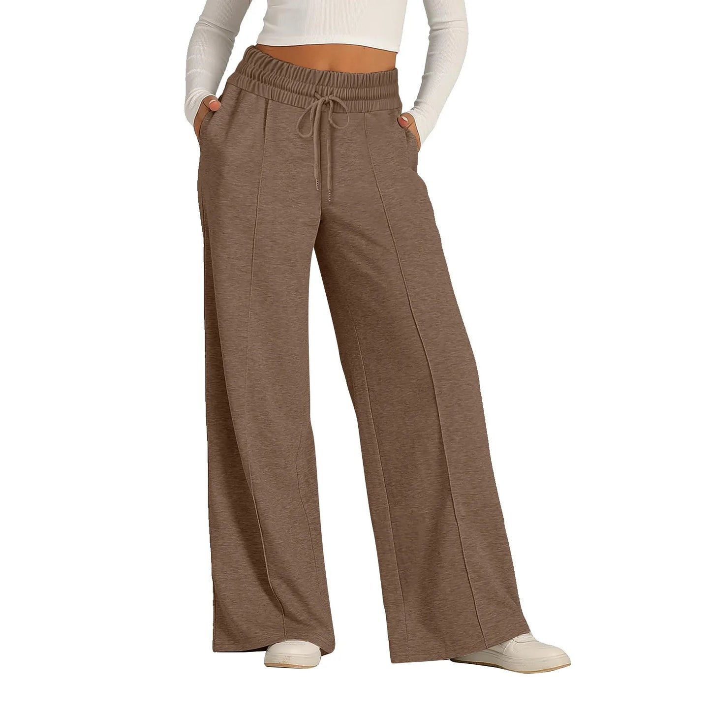 Brown high waist flowy pants with a drawstring and fleece lining for comfortable all-day wear.