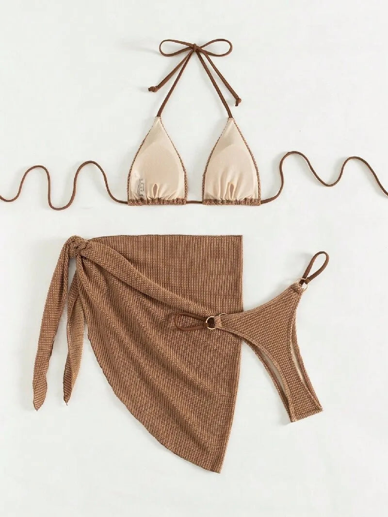 Women's Halter Push-Up Three-Piece Bikini Set with Skirt Cover-Up