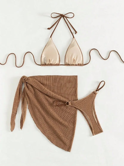 Women's Halter Push-Up Three-Piece Bikini Set with Skirt Cover-Up