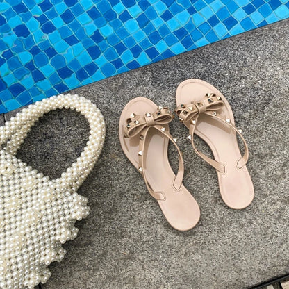 Studded Flat Bot Thong Slippers Holiday Beach Sandals Women's Jelly Slip-On oes Comfortable Casual PVC Footwear