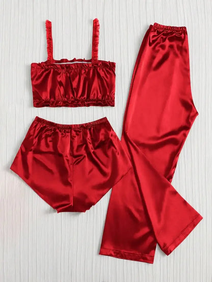Three-Piece Satin Silk Sleepwear For Women Bride Red Breathable Lounge
