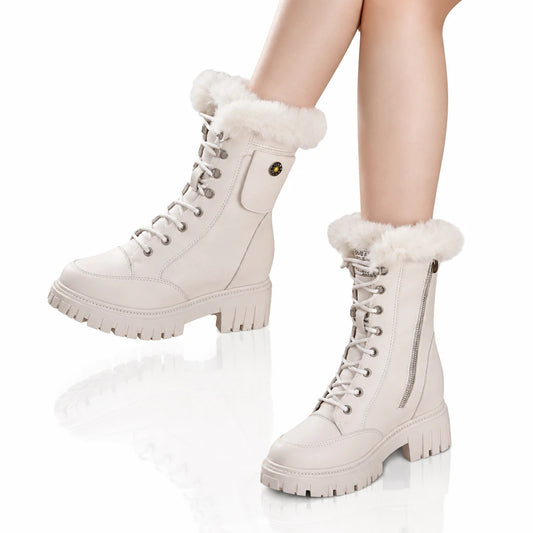 White lace-up platform ankle boots with plush faux fur collars, side zippers, and chunky lug soles.