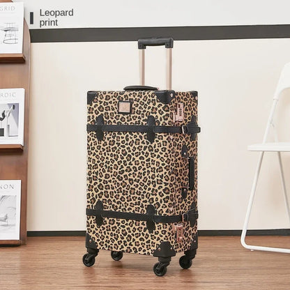 Trendy Retro Luggage Women's Roller Trunk Leopard Print Leather Suitcase 20" Boarding Box Set Waterproof Password Suitcase