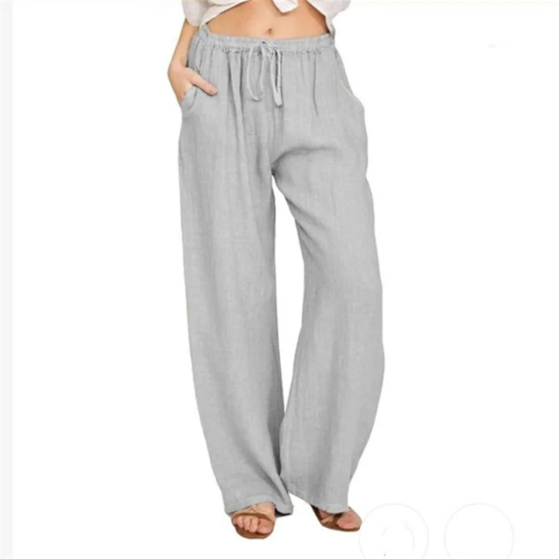 Women's wide-leg cotton-linen pants with drawstring waist