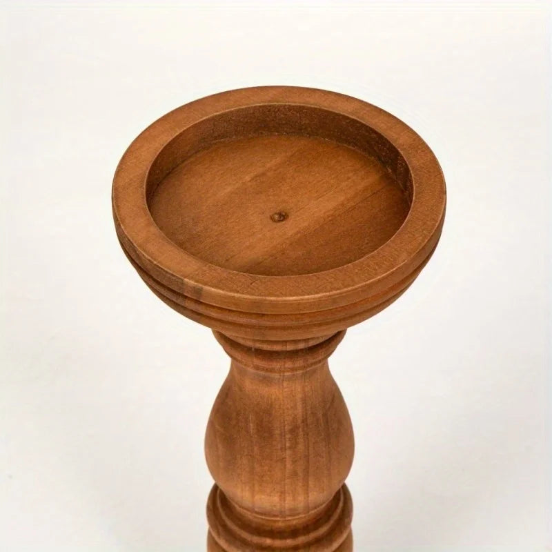 Home decor wooden pillar candle holder top with circular recess and turned pedestal base