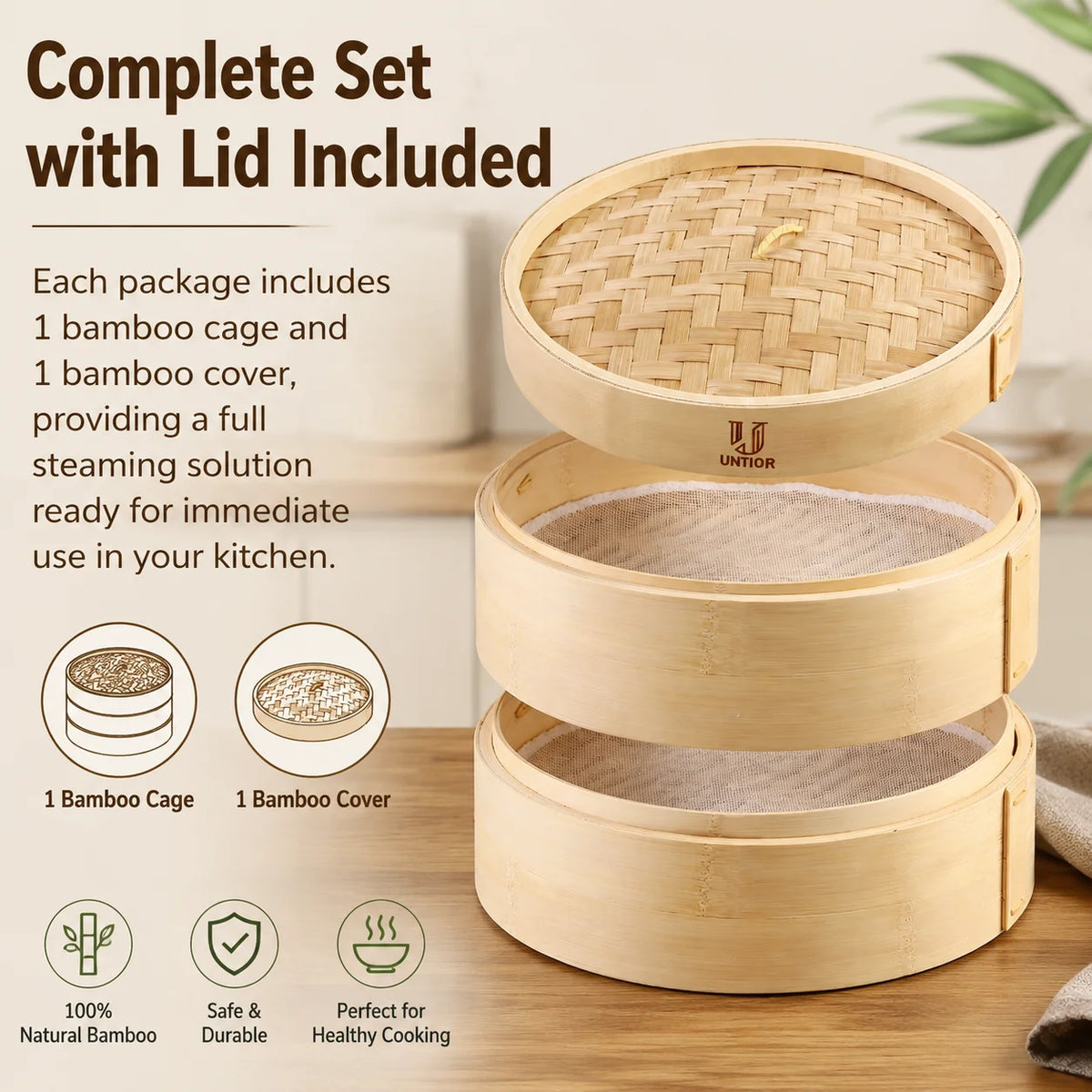 Two-tiered natural bamboo dumpling steamer with lid and mesh liners on a wooden surface.