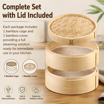 Two-tiered natural bamboo dumpling steamer with lid and mesh liners on a wooden surface.
