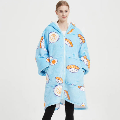Unisex Ultra Thick Lamb Velvet Pajamas With Hooded Blanket And Zipper For Winter Sleepwear