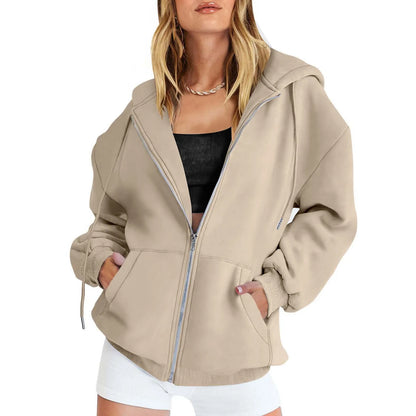 Women's Cotton Blend Hooded Sweatshirt With Zipper And Drawstring Pocket Long Sleeve