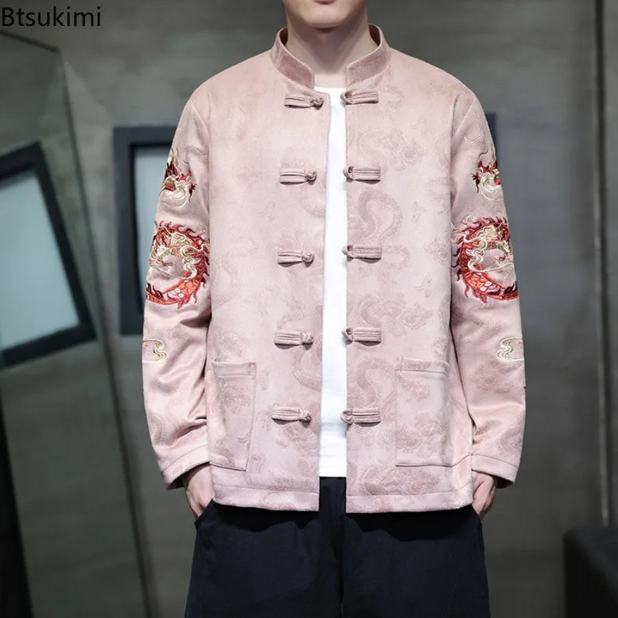 Pale pink woven tang suit jacket with dragon embroidery and stand collar for formal events.