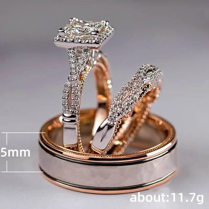 Rose Gold Zircon Ring Set for Engagement and Wedding Celebrations