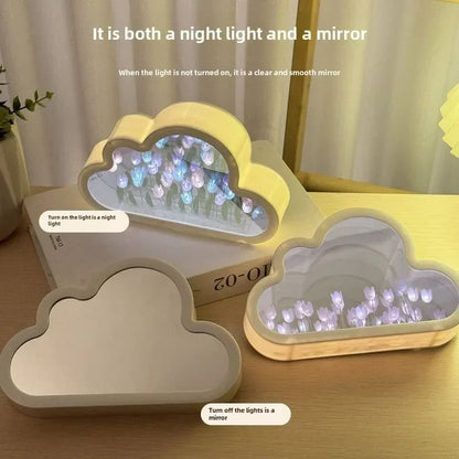 Cloud-shaped LED night light with a crystal glass tulip design and mirror finish for bedroom desk decor.