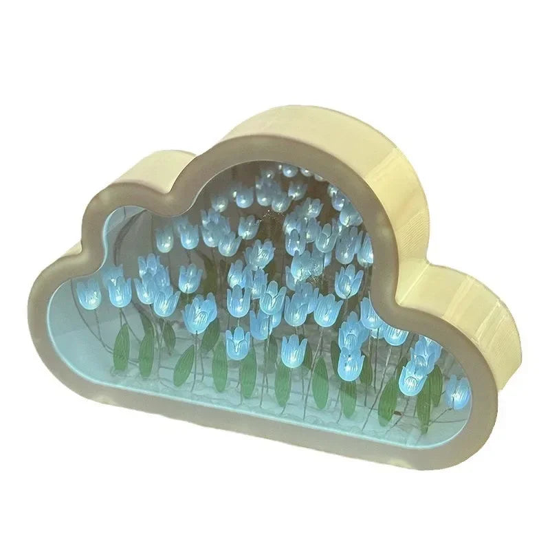 Cloud-shaped LED home decor with blue glass tulip motif and a sculpted frame for a soft bedside glow.