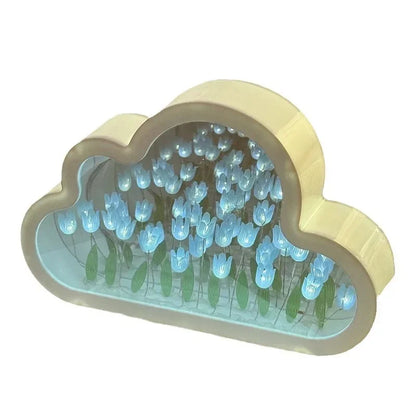 Cloud-shaped LED home decor with blue glass tulip motif and a sculpted frame for a soft bedside glow.